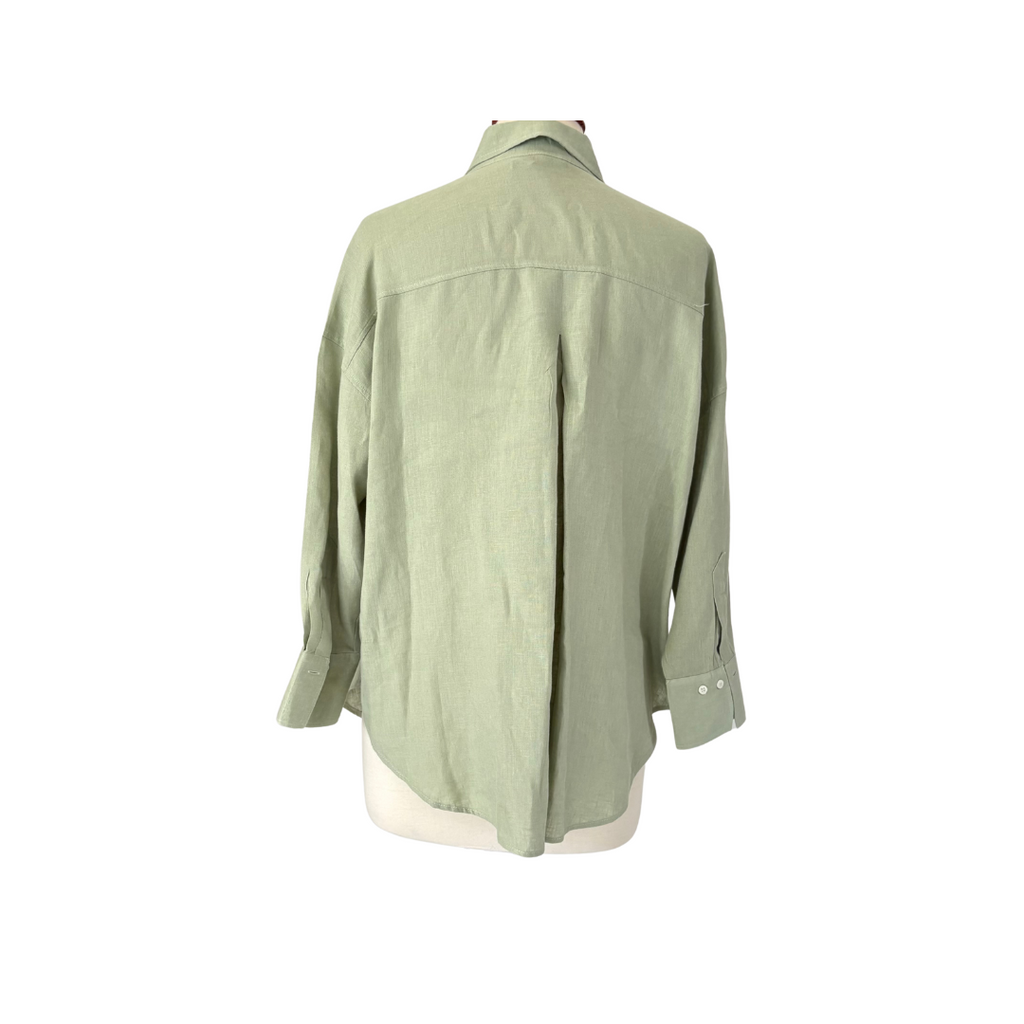 ZARA Sage Green 100% Linen Collared Button Down Shirt | Gently Used |