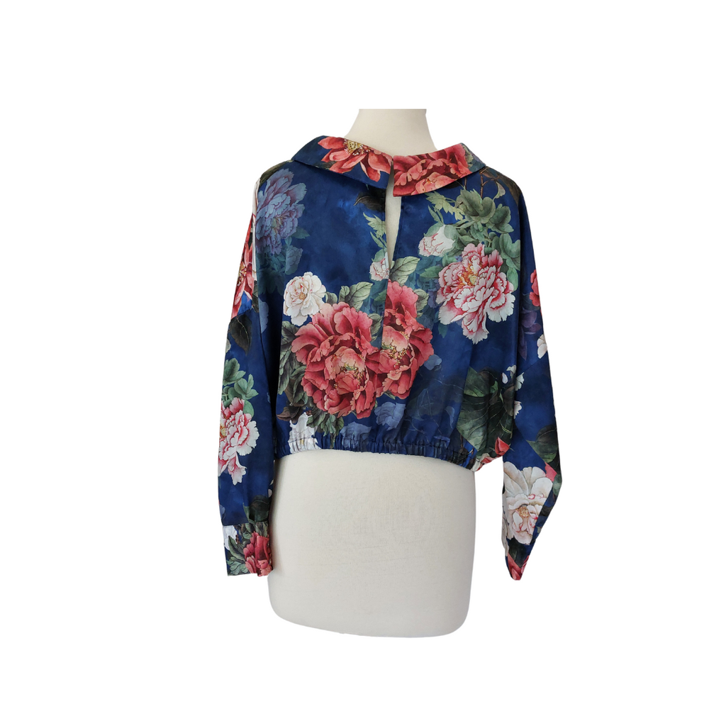 Zara Blue Floral Printed Satin Cropped Top | Like New |