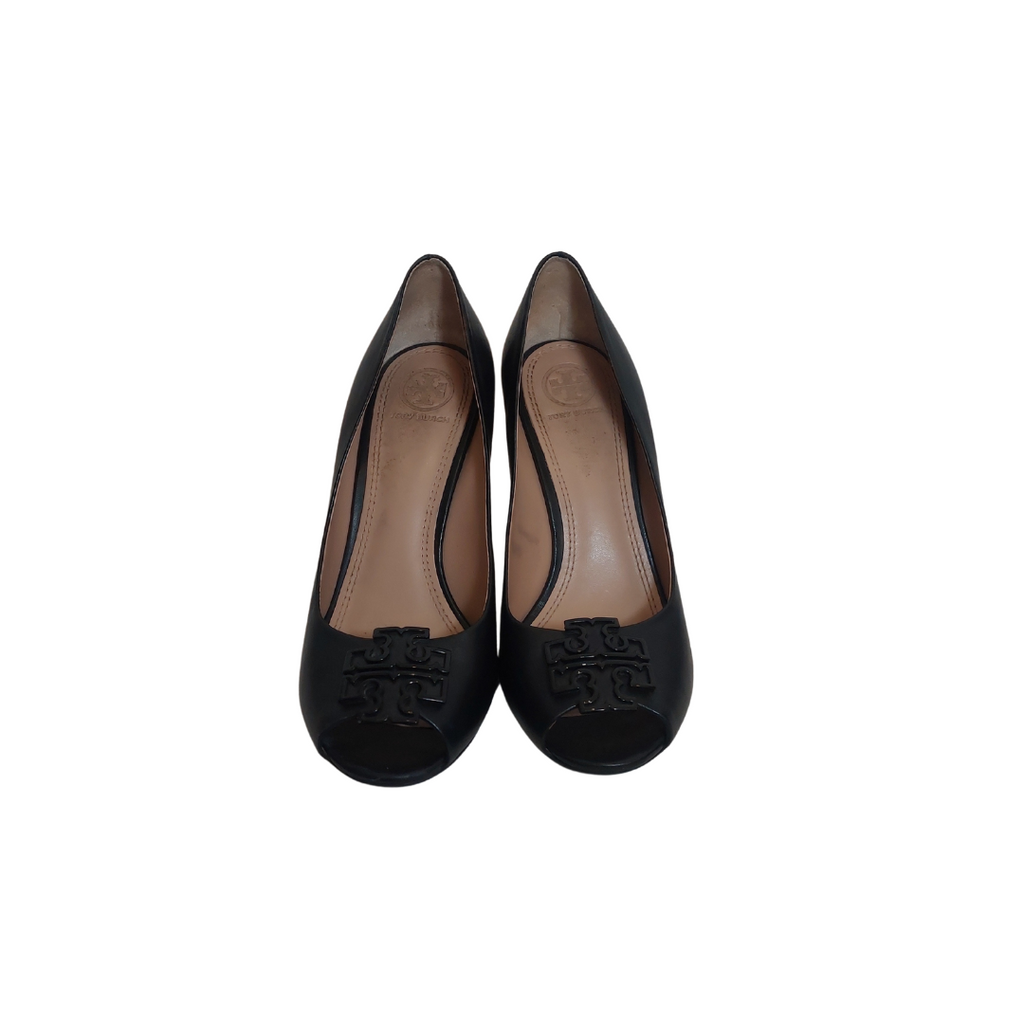 Tory Burch Black Leather Peep Toe Wedges | Pre Loved |