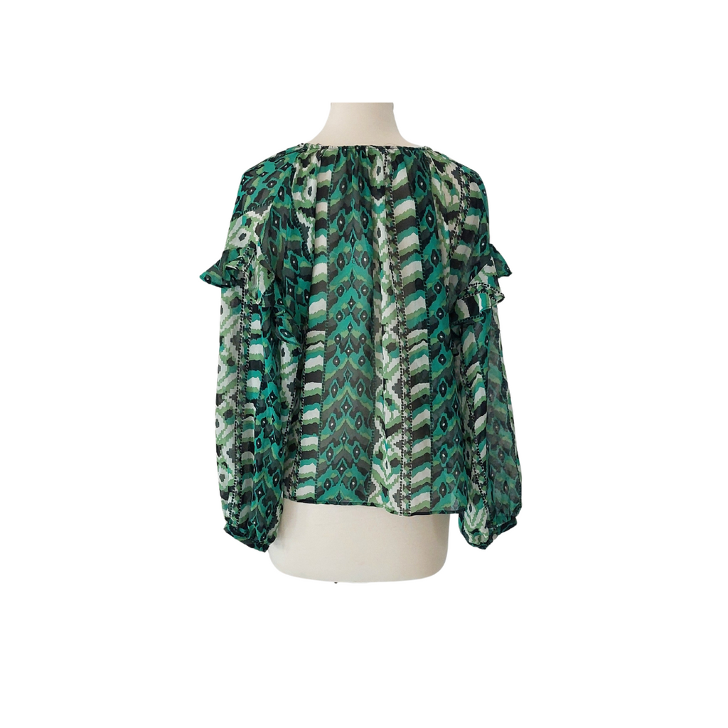ZARA Green & Black Printed Sheer Frill Blouse | Pre Loved |