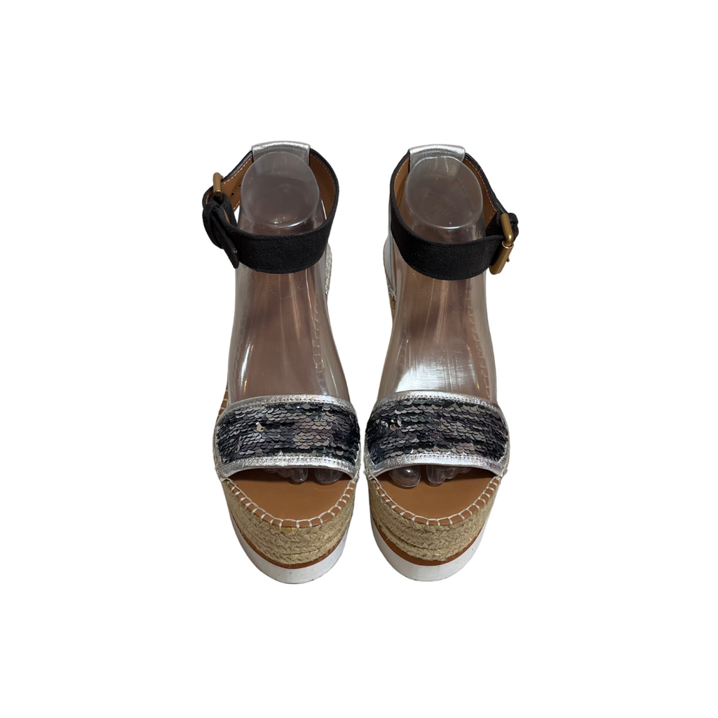 See By Chloe Brown Sequin Leather & Jute Wedges | Brand New |