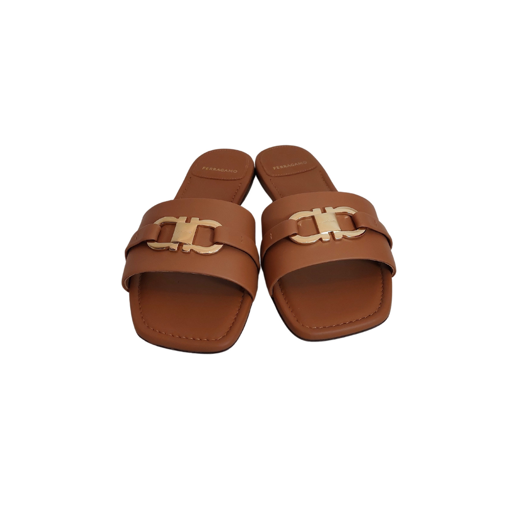 Ferragamo Tan Leather 'Gancini Ornament' Flat Slides | Gently Used |