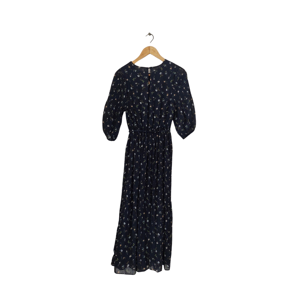 Mango Navy Floral Printed Pleated Dress | Like New |