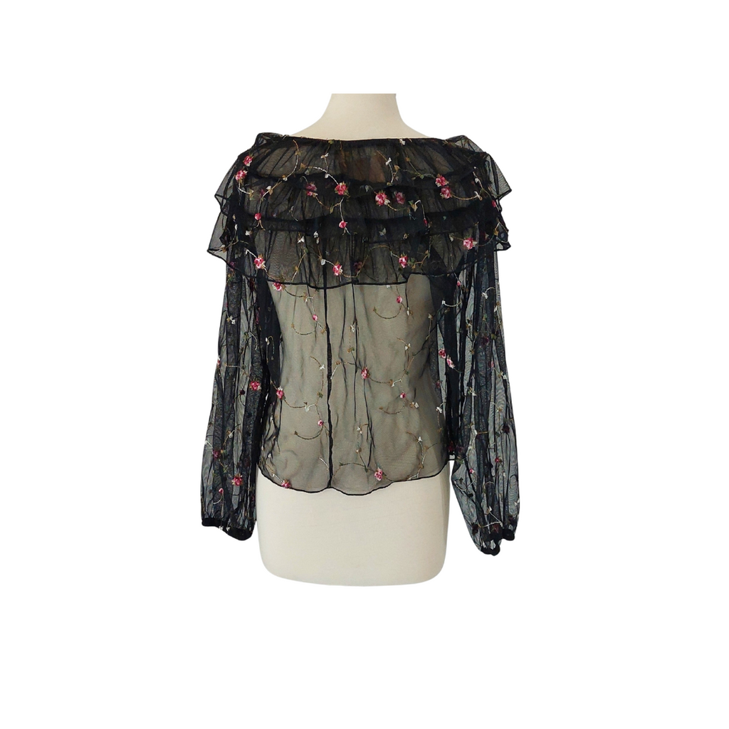 ZARA Black Floral Embroidered Sheer Frill Detail Top | Like New |