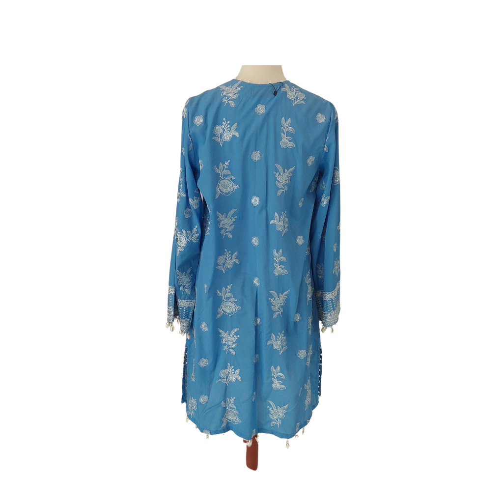 Sana Safinaz Blue & White Pearls & Embroidered Kurta | Gently Used |