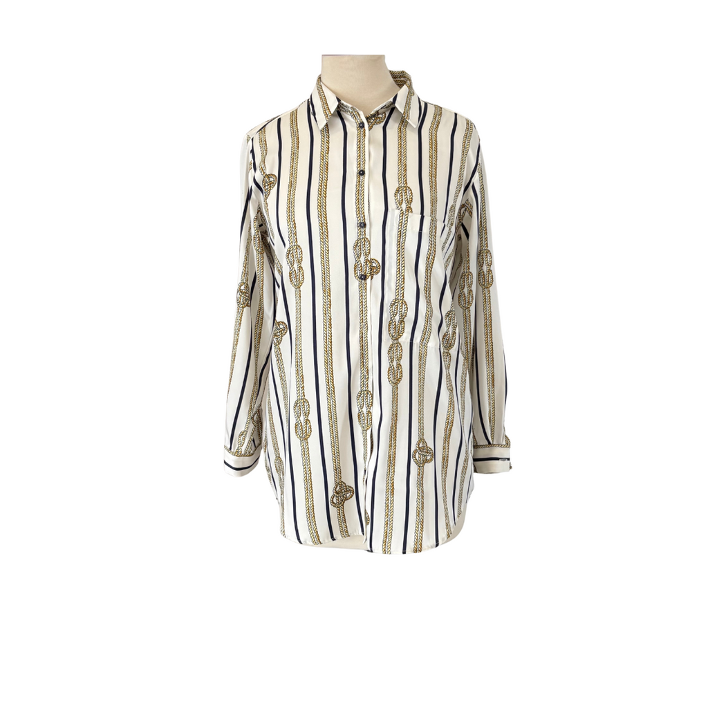 ZARA White Chain Printed Satin Collared Button Up Top | Gently Used |