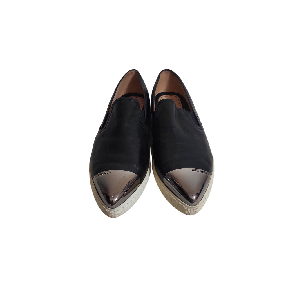 Miu Miu Black Leather Cap-toe Slip-on Shoes | Pre Loved |