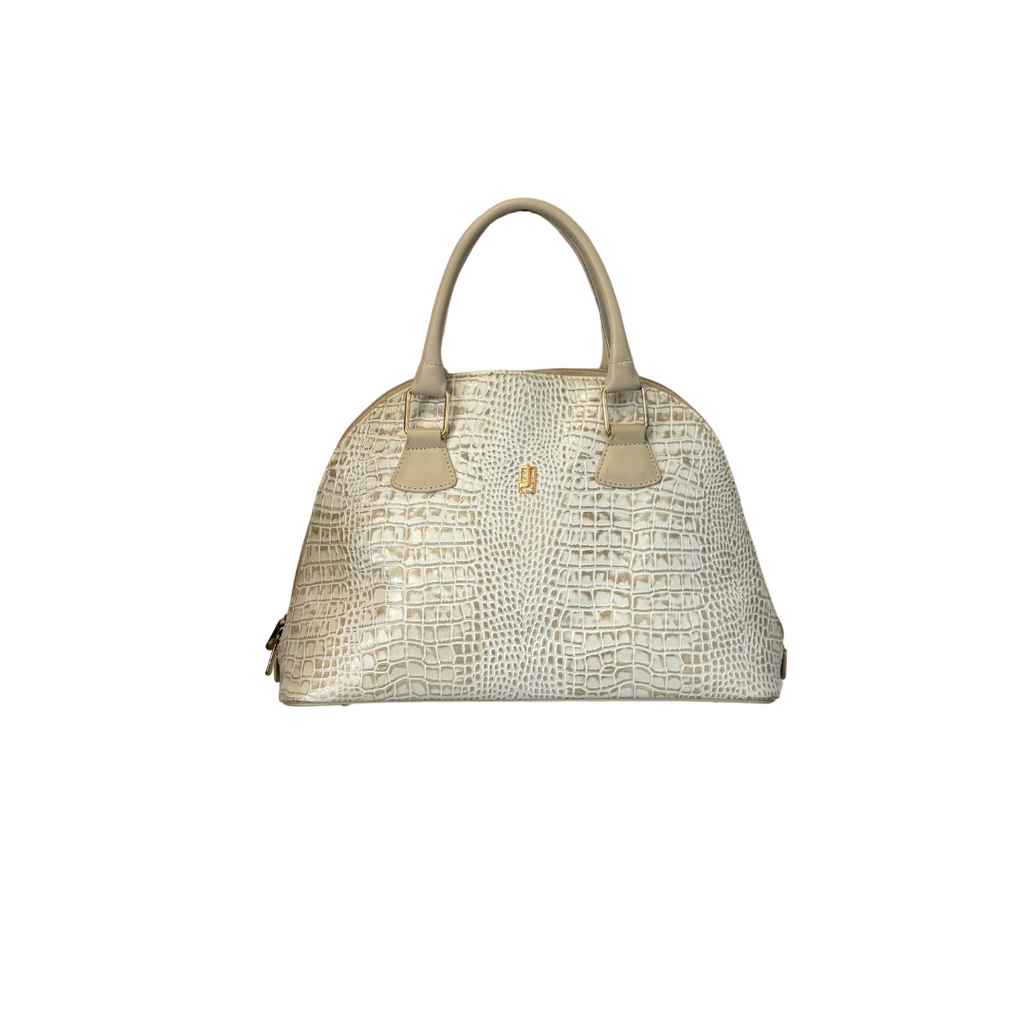 Jafferjees Cream Leather Textured Dome Satchel Bag | Pre Loved |