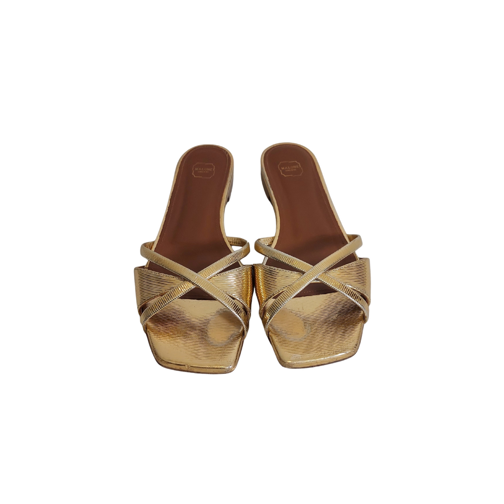 Malone Souliers Gold Textured Leather Penn Flat Slides | Pre Loved |