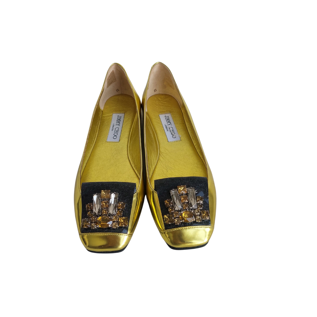 Jimmy Choo Metallic Yellow Leather Embellished Ballet Flats | Gently Used |