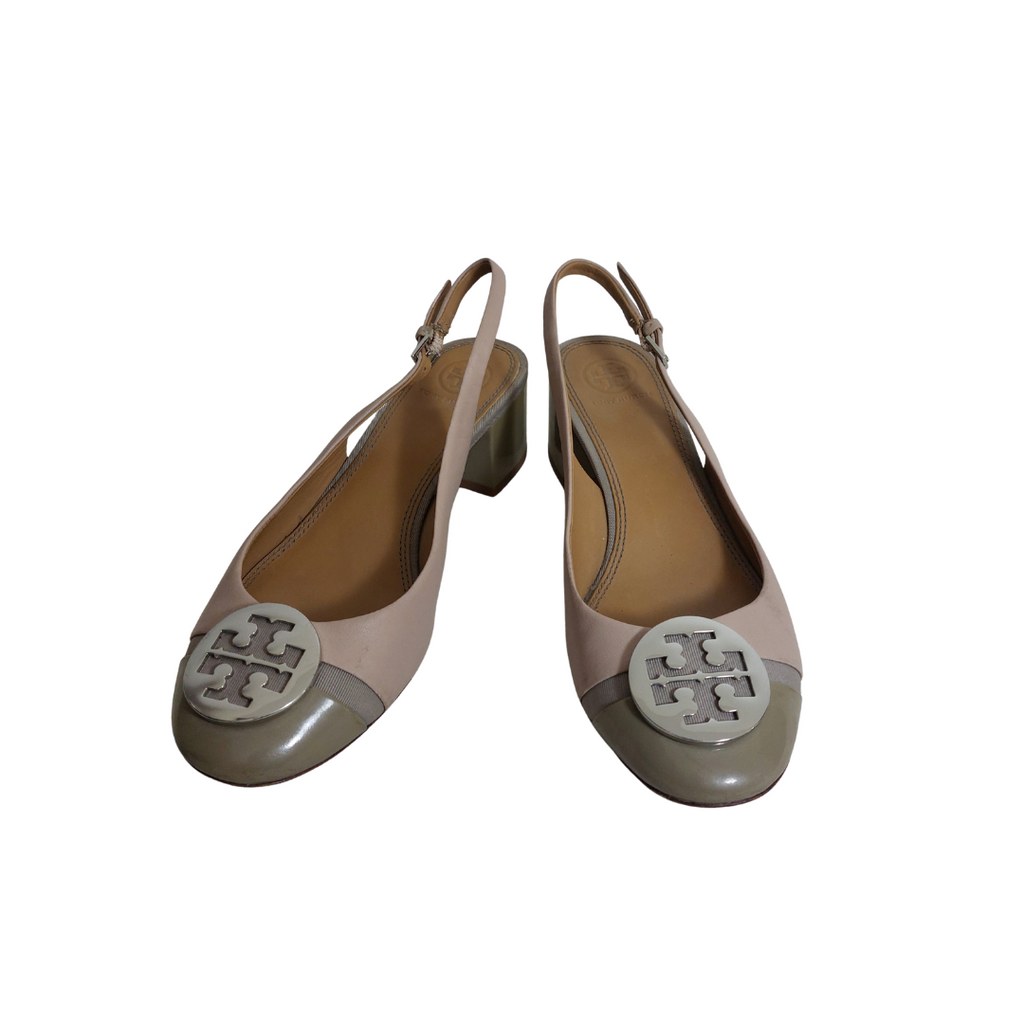 Tory Burch Pink & Grey Leather 'Minnie' Cap-Toe Slingback Pumps | Pre Loved |