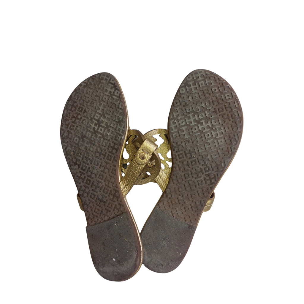 Tory Burch Gold Tumbled Metallic Leather Miller Sandals | Pre Loved |