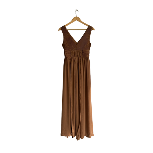 H&M Mustard Brown Pleated Cinched Long Dress | Pre Loved |
