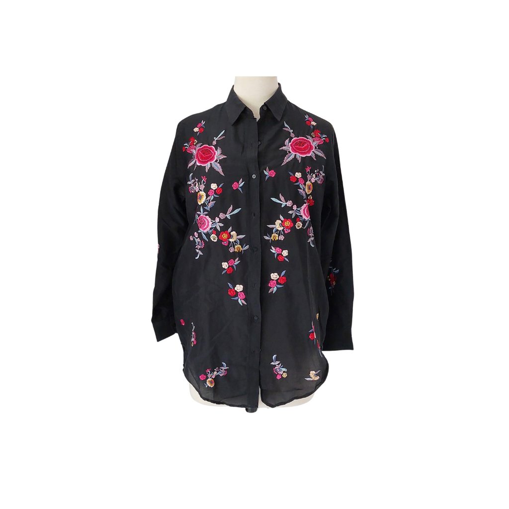 ZARA Black Floral Embroidered Collared Button Down Shirt | Gently Used |