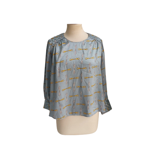 Zara Steel Blue Chain Link Print Satin Blouse | Gently Used |