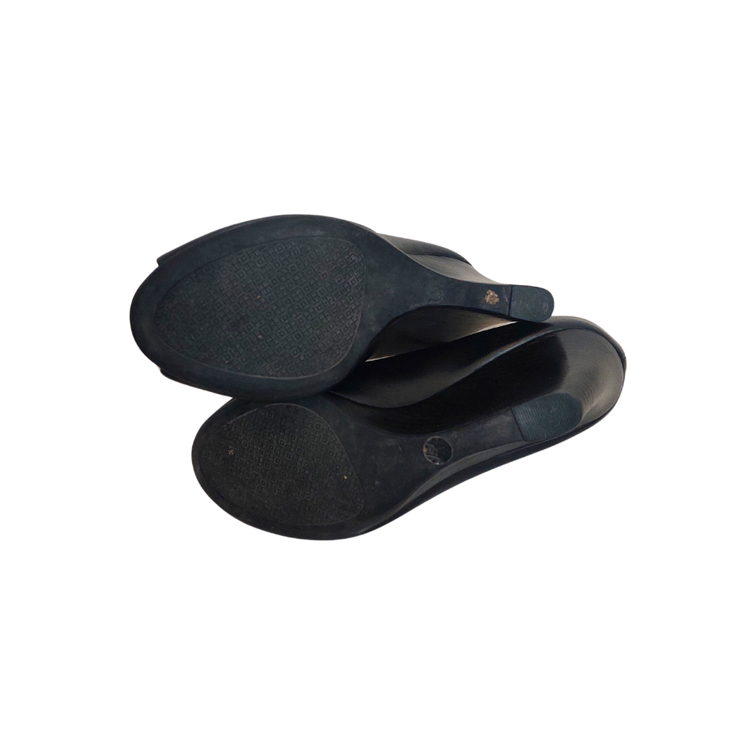 Tory Burch Black Leather Peep Toe Wedges | Pre Loved |
