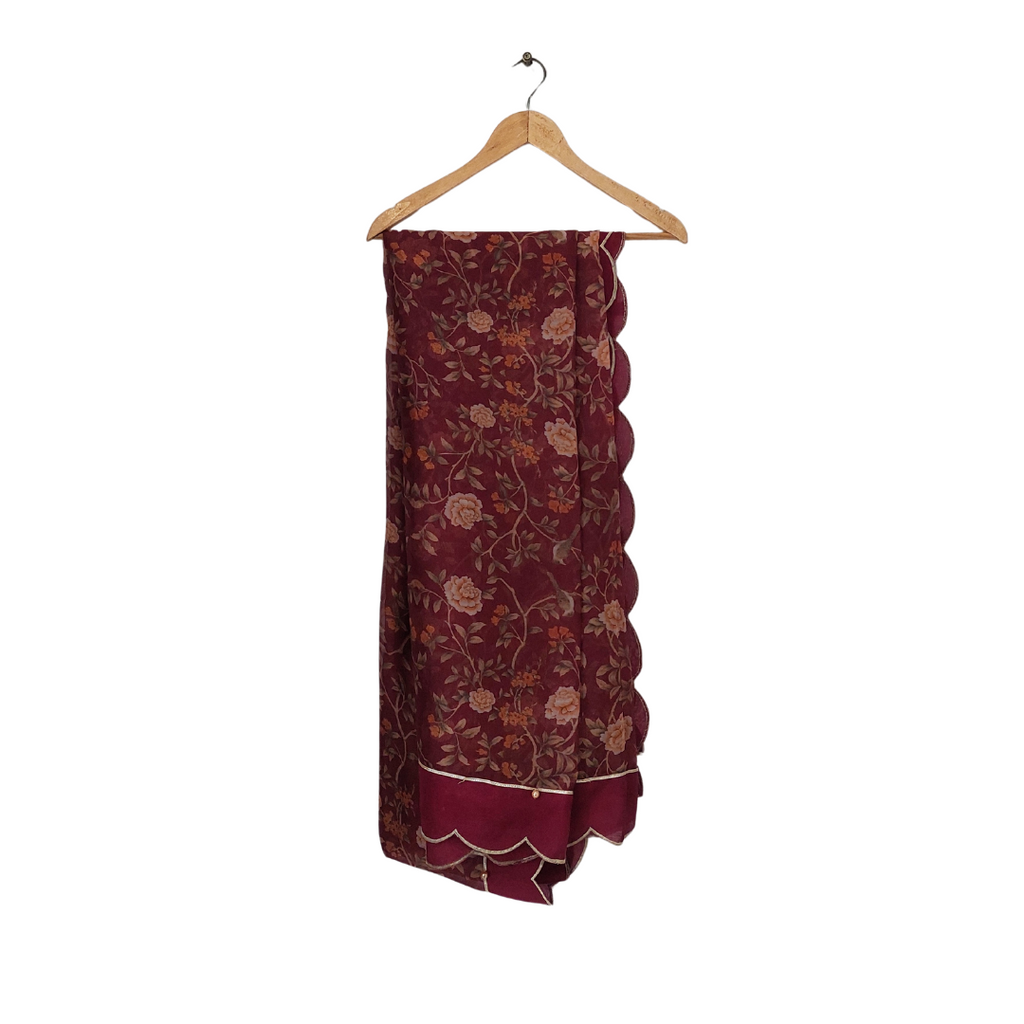 Sania Maskatiya Maroon Embellished Peshwaz with Dupatta | Pre Loved |