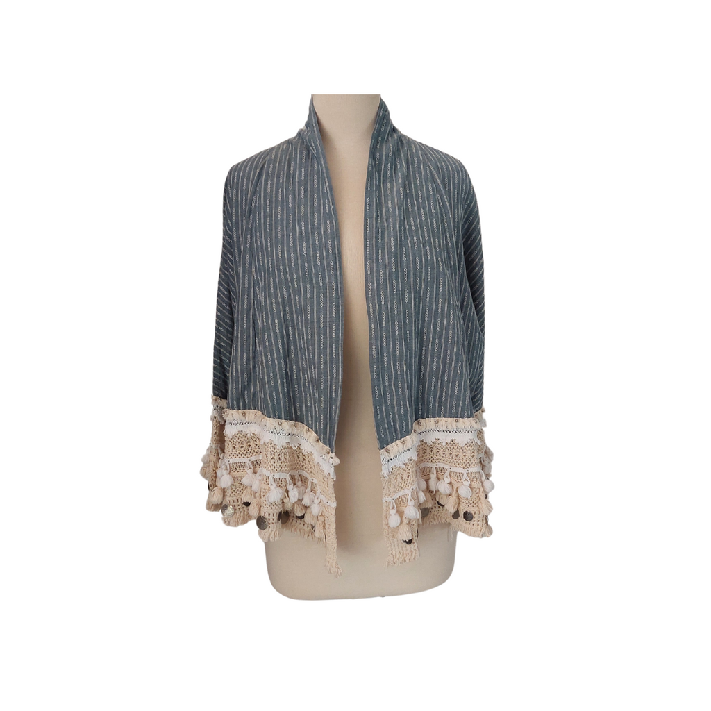 Zara Blue Ecru Boho Crochet Pomo Beads Coins Kimono | Like New |