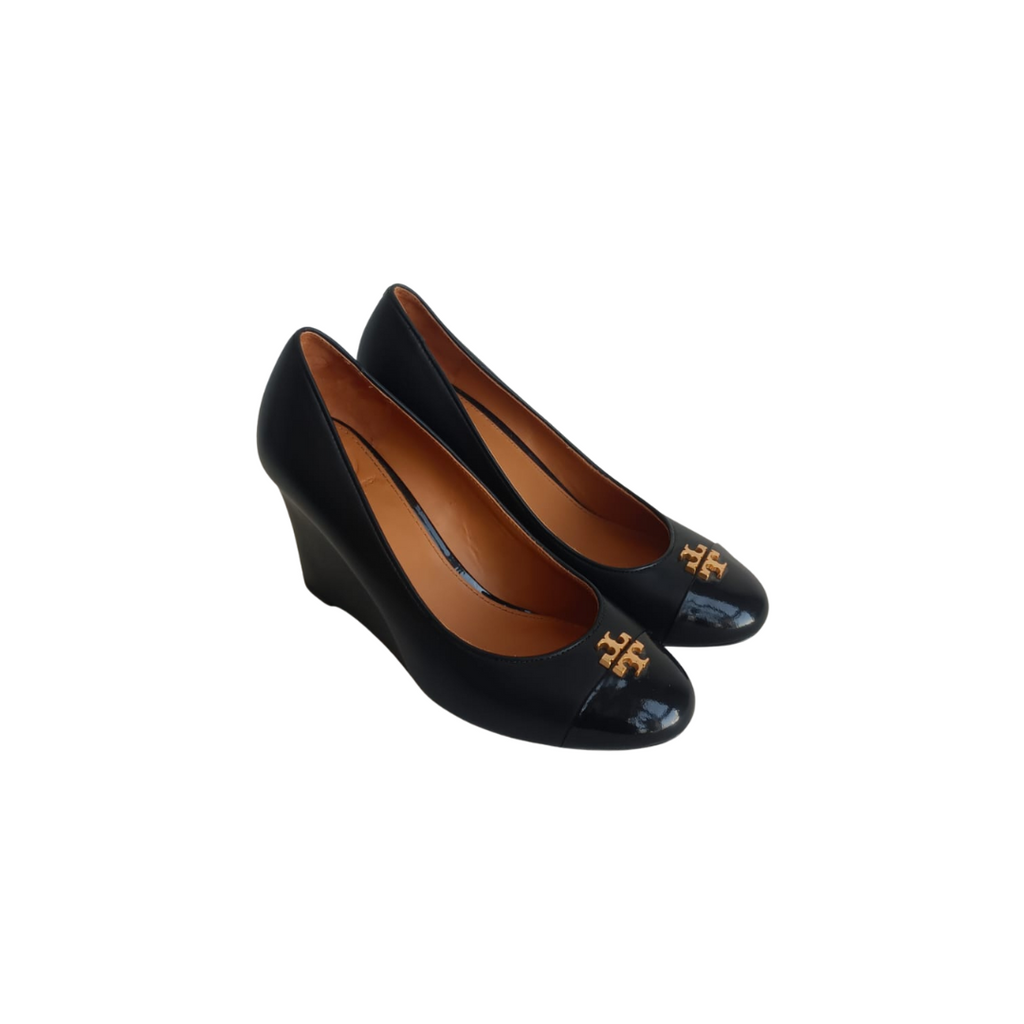 Tory Burch Black Leather Everly Cap Toe Wedges | Gently Used |