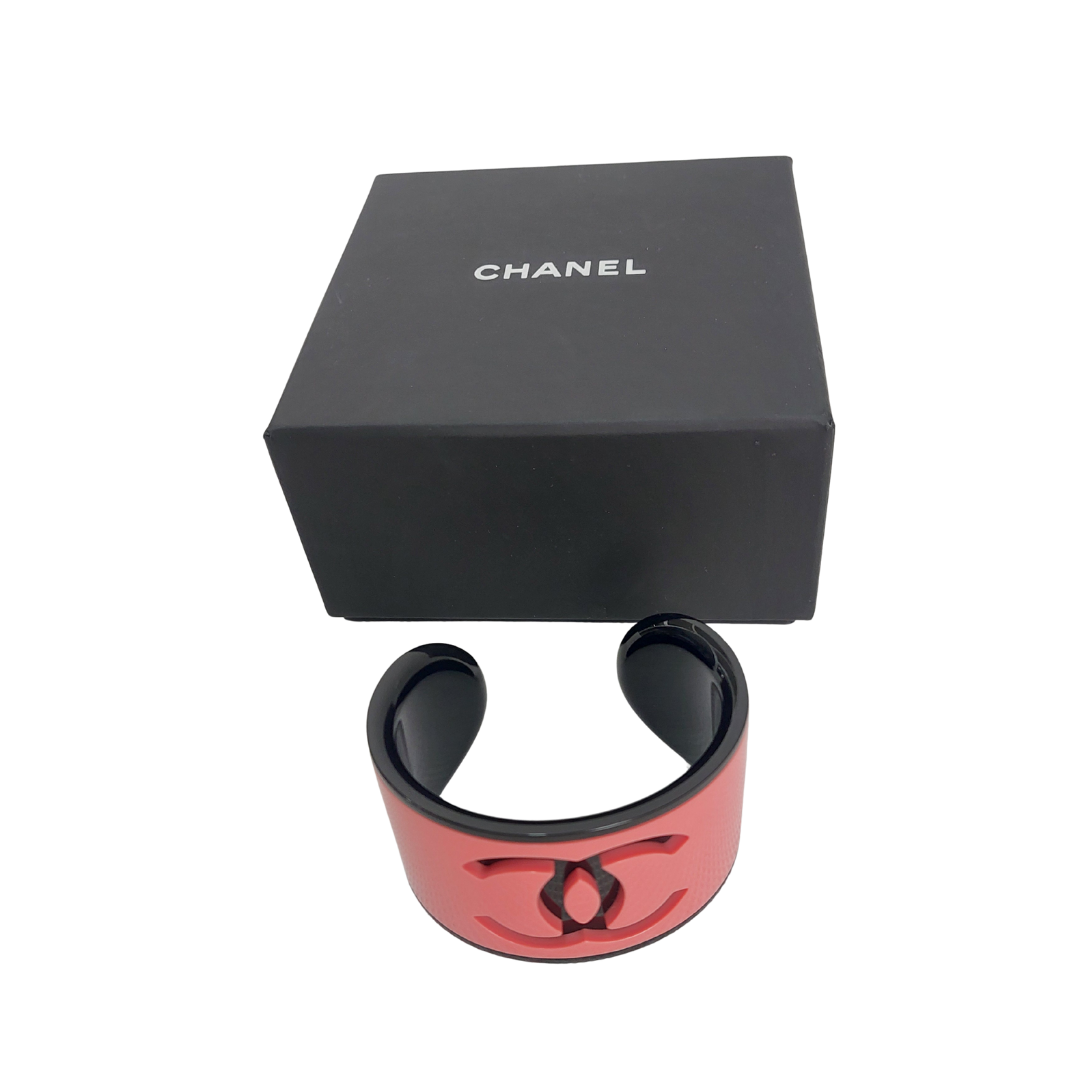 Chanel Coral Pink and Black Resin CC Logo Cuff Bracelet | Like New |