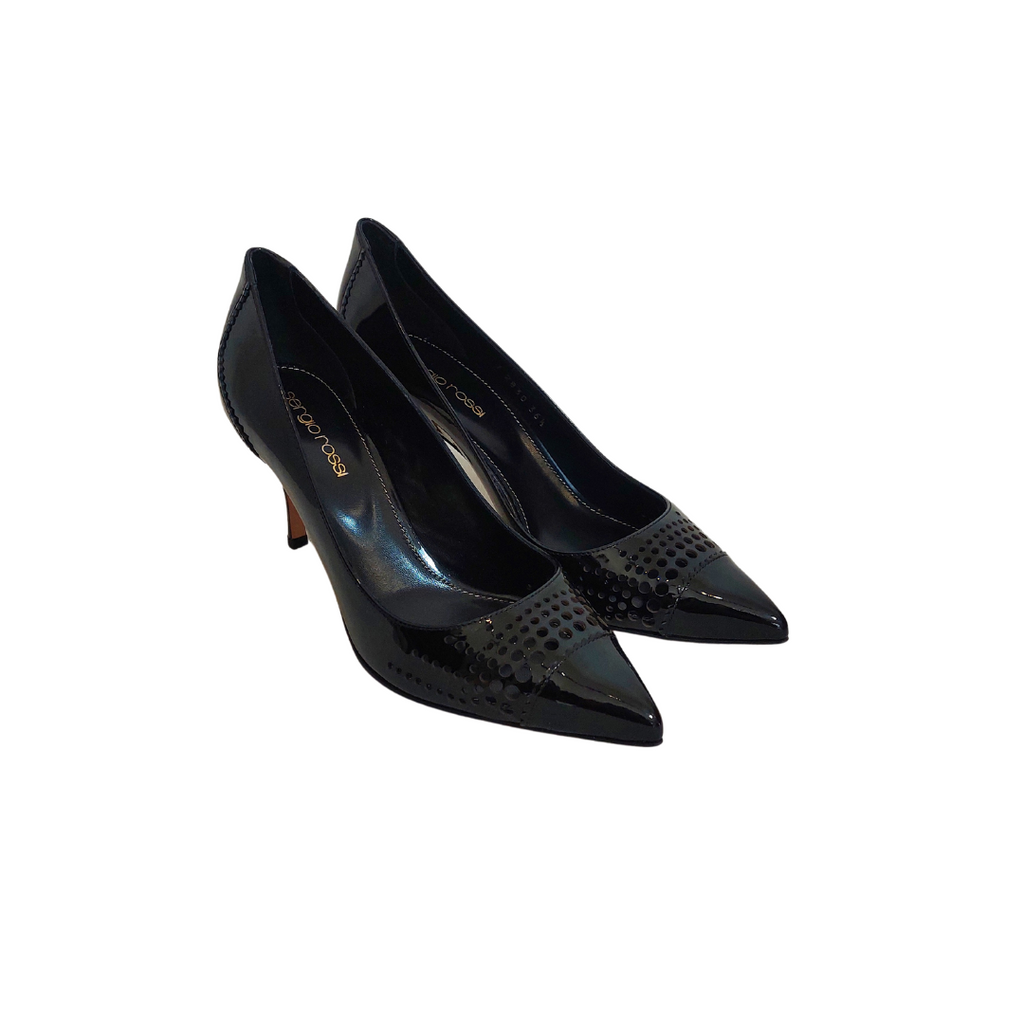 Sergio Rossi Black Patent Leather Laser-Cut Pointed Pumps | Like New |