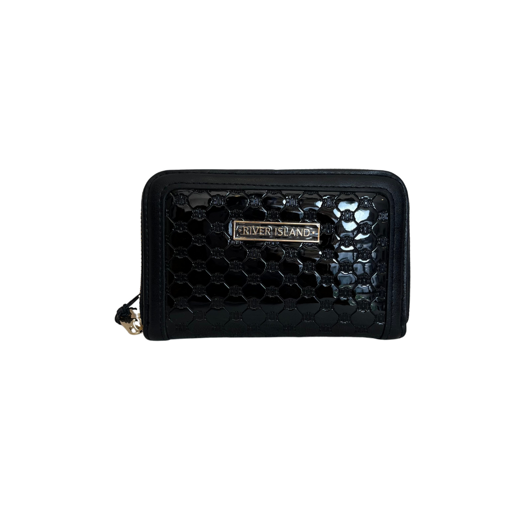 River Island Black Patent Logo embossed Zip Around Wallet | Brand New |