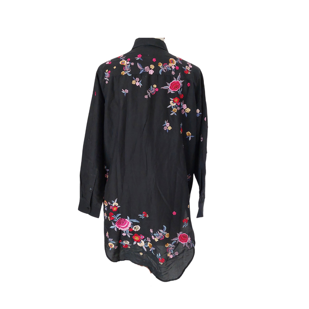 ZARA Black Floral Embroidered Collared Button Down Shirt | Gently Used |