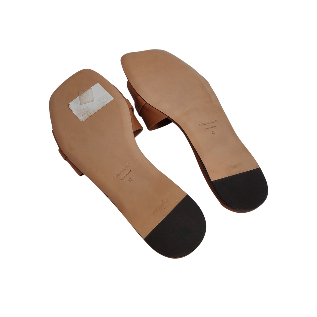 Ferragamo Tan Leather 'Gancini Ornament' Flat Slides | Gently Used |