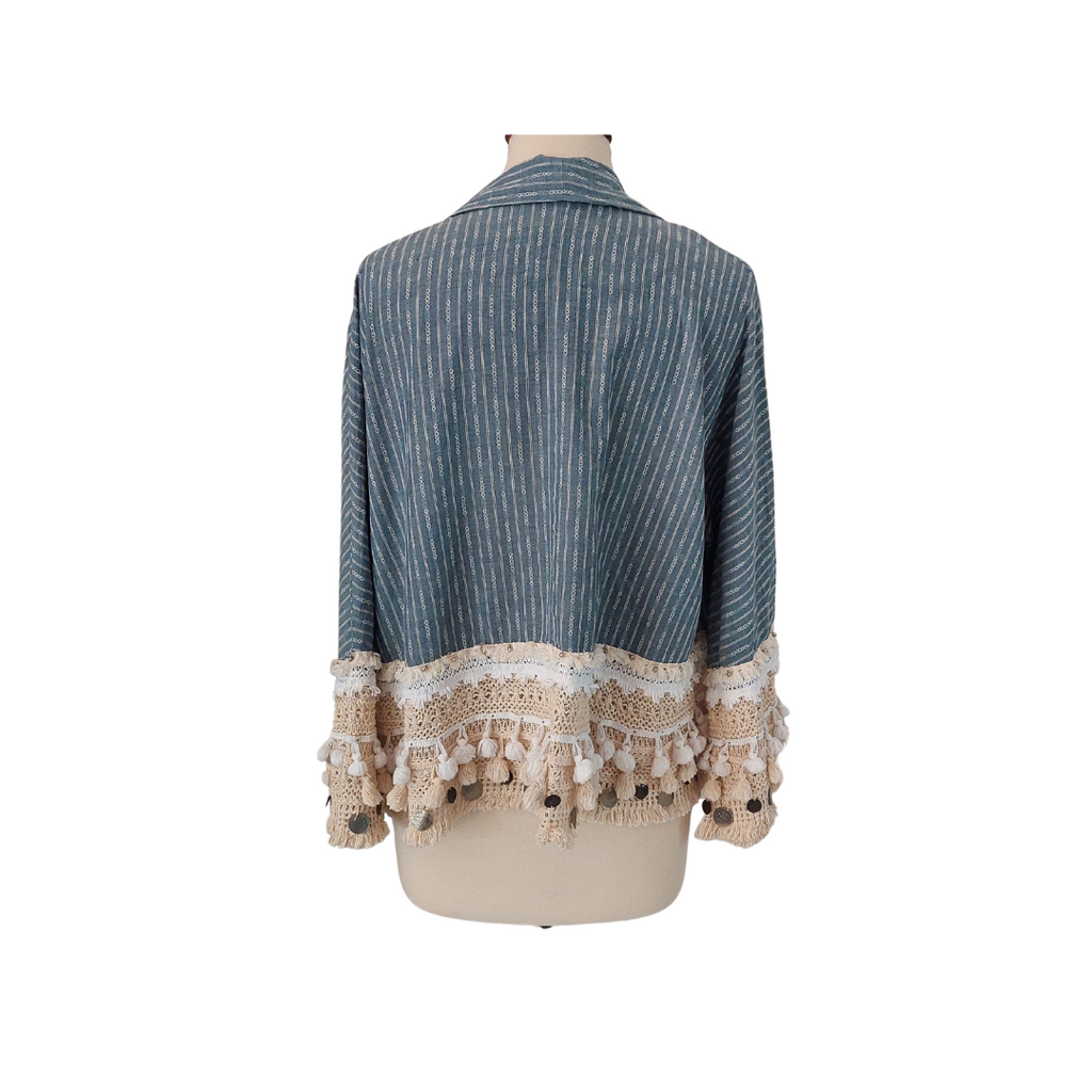 Zara Blue Ecru Boho Crochet Pomo Beads Coins Kimono | Like New |