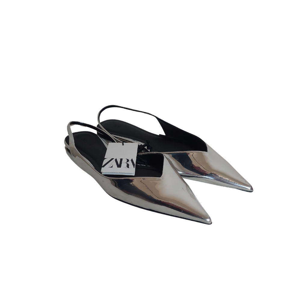 ZARA Silver Pointed Metallic Mules | Brand New |