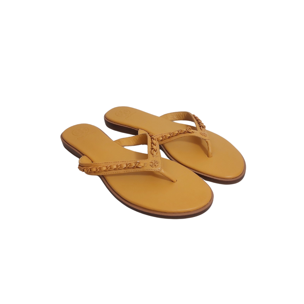 Tory Burch Mustard Everly Chain Leather Thong Sandals | Brand New |