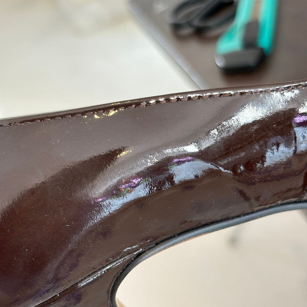 Via Venetto Brown Patent Peep Toe Heels | Pre Loved |