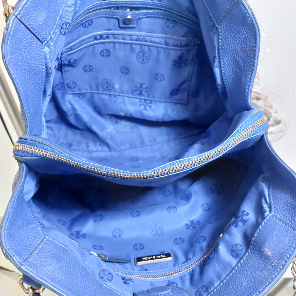Tory Burch Blue Britten Chain Leather Tote Bag | Pre Loved |