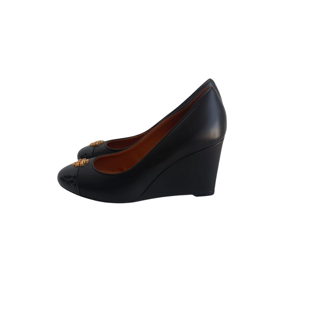 Tory Burch Black Leather Everly Cap Toe Wedges | Gently Used |