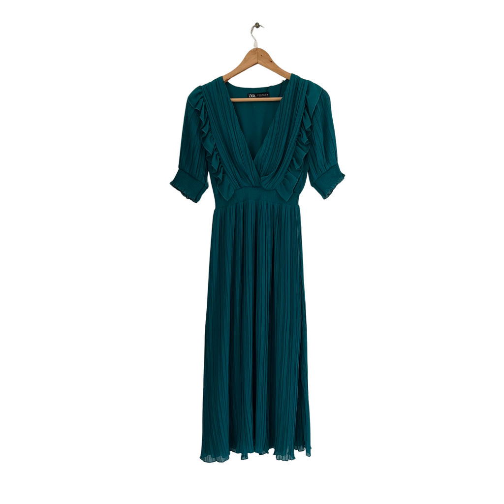 ZARA Teal Pleated Deep V-neck Maxi Dress | Pre Loved |