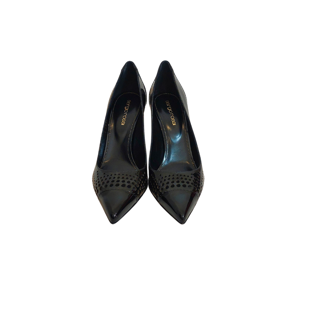 Sergio Rossi Black Patent Leather Laser-Cut Pointed Pumps | Like New |