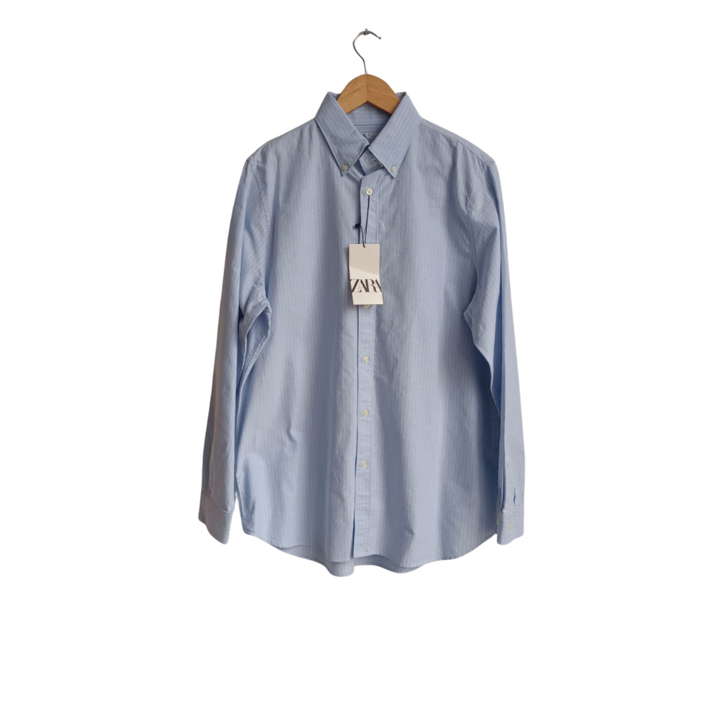 ZARA Men's Blue & White Striped Collared Shirt | Brand New |