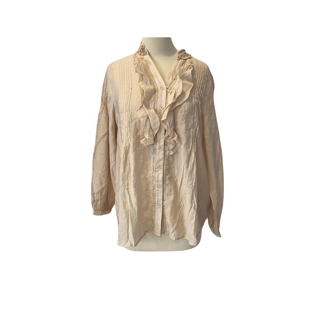 Sapphire Beige Sheer Frill Button Down Blouse | Brand New |