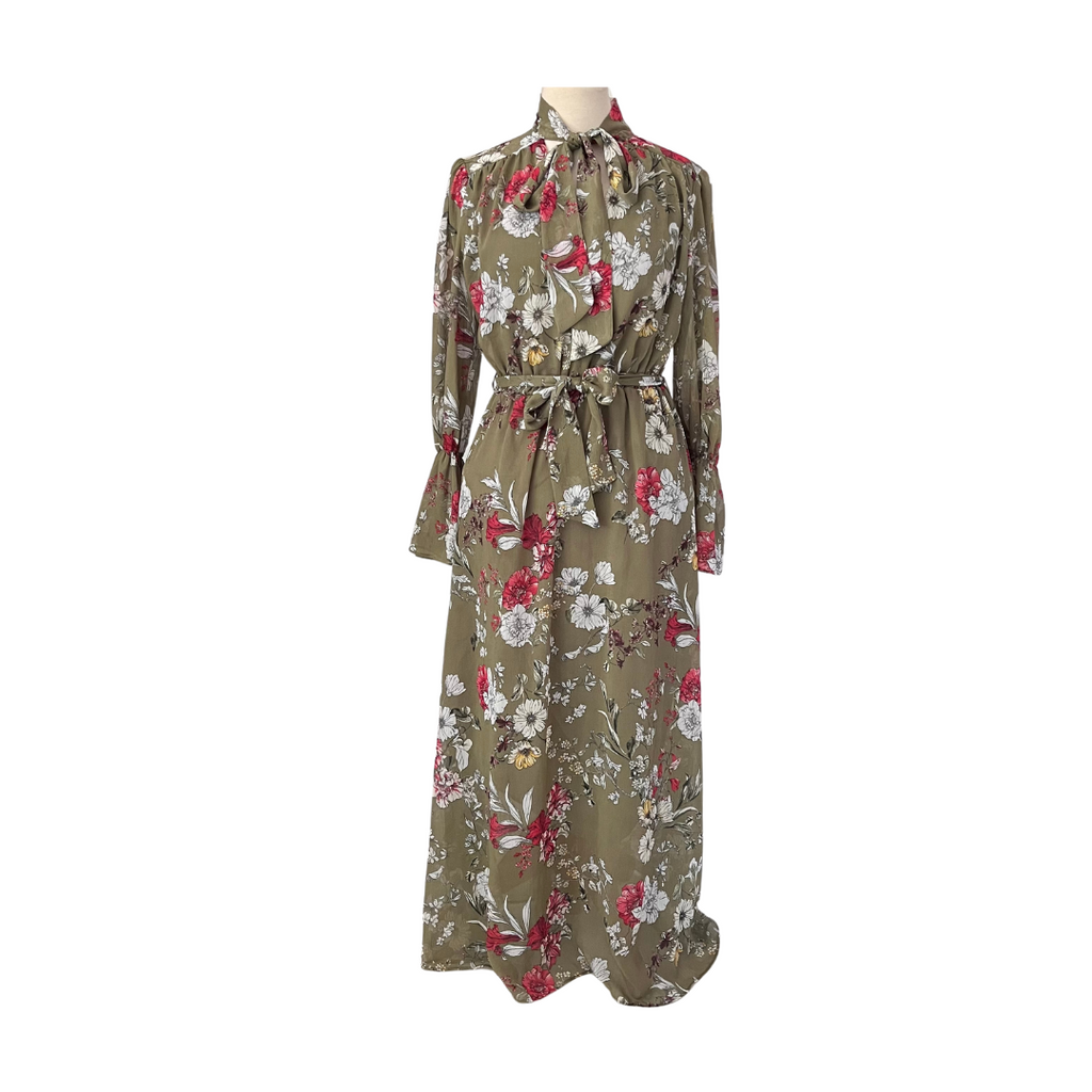 Koton Olive Green Floral Printed Belted Dress | Gently Used |