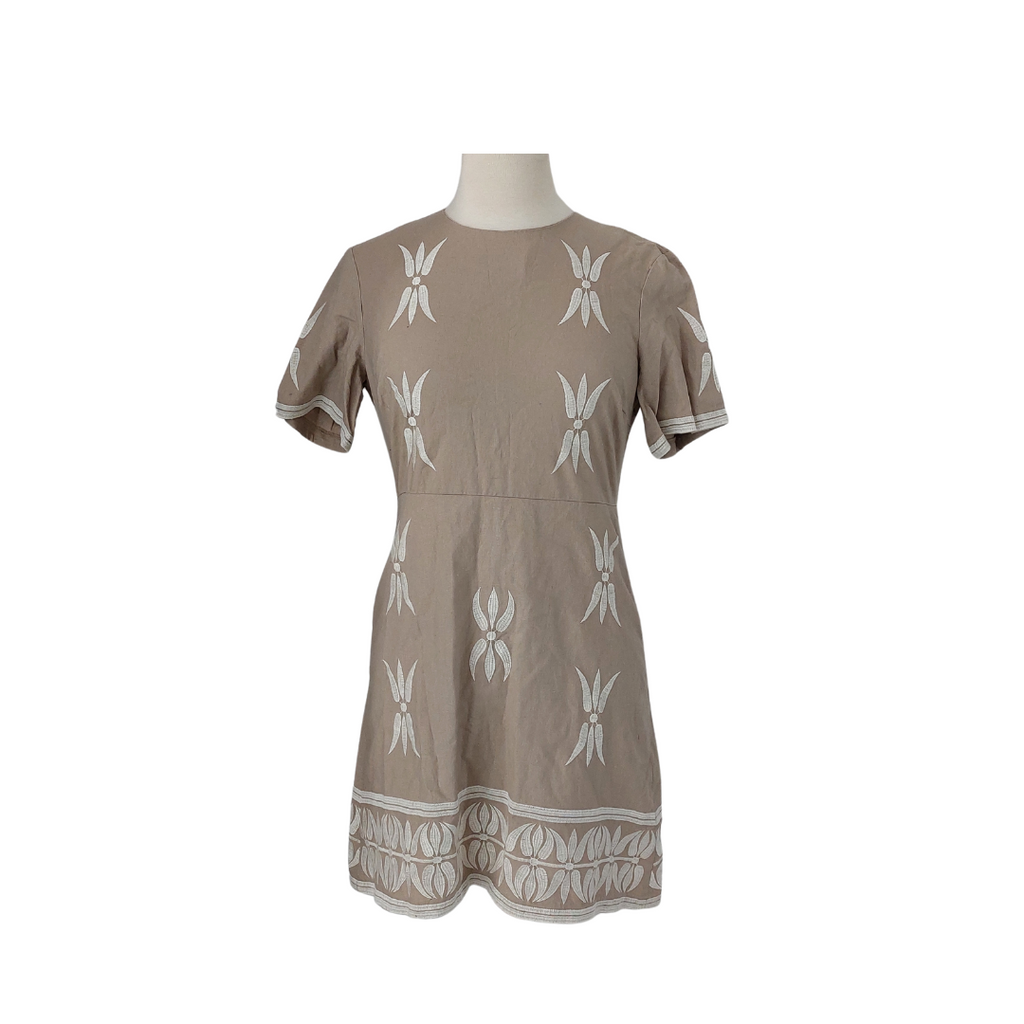 Zara Beige & White Embroidered Knee Length Dress | Brand New |