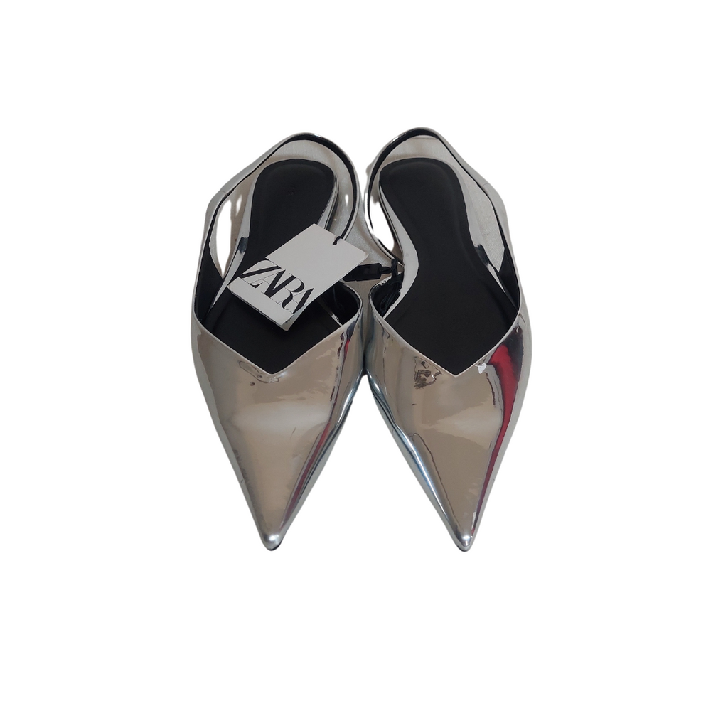 ZARA Silver Pointed Metallic Mules | Brand New |