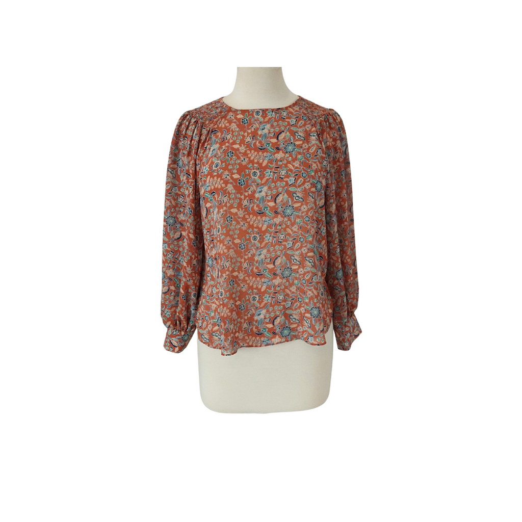 Mango Orange Floral Printed Pleated Shoulder Blouse | Like New |