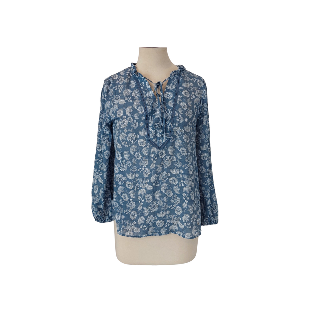 Fred David Blue & White Floral Printed Frill Neck Top | Brand New |