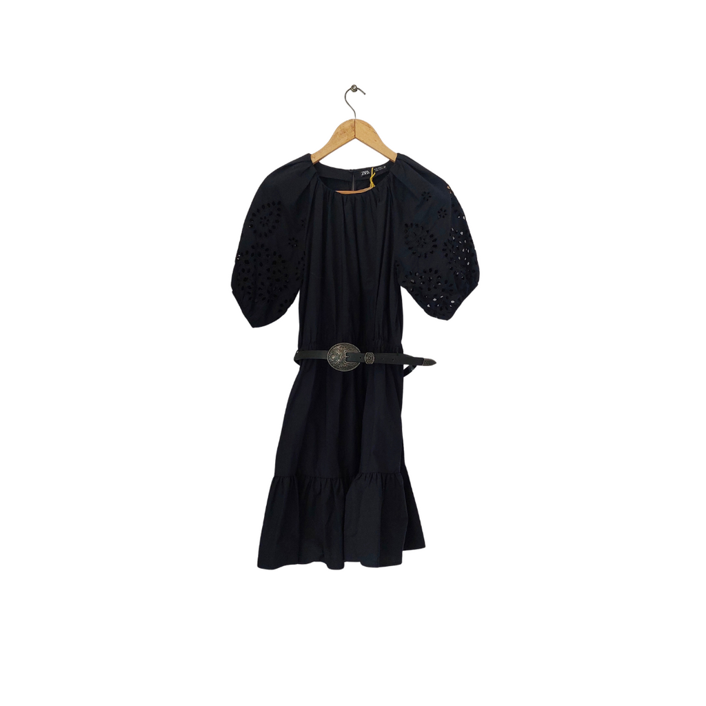 Zara Black Puff Sleeves Pleated Short Dress | Pre Loved |