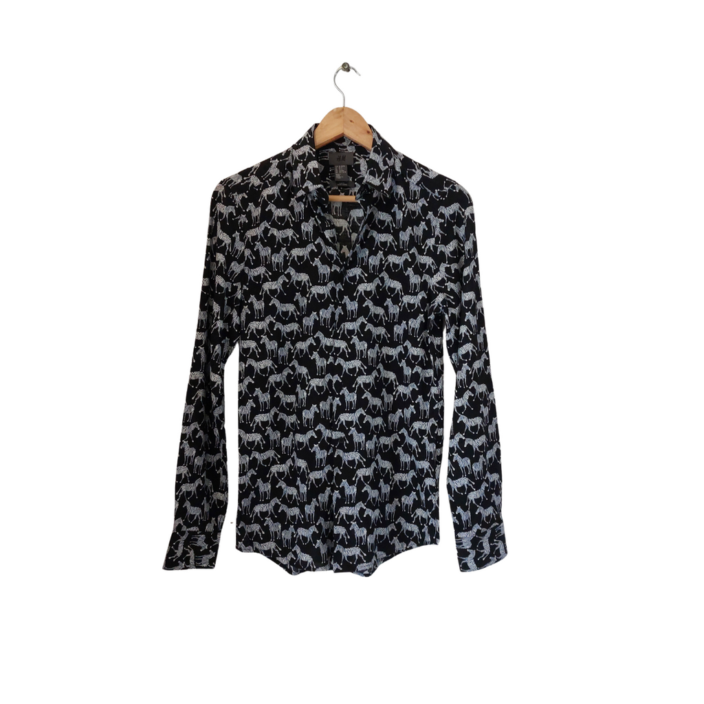 H&M Black Zebra Printed Collared Button Down Top | Like New |