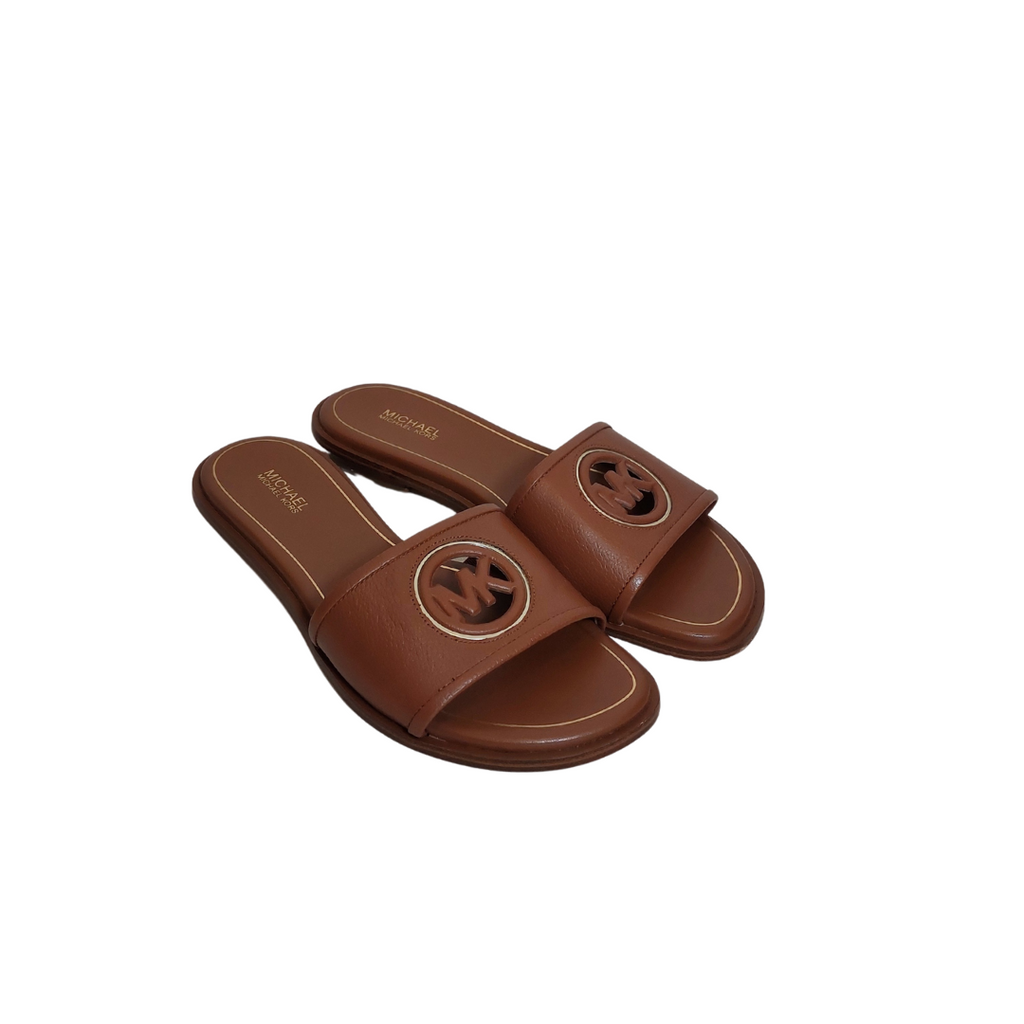 Michael Kors Brown Deanna Cutout Leather Slides | Brand New |