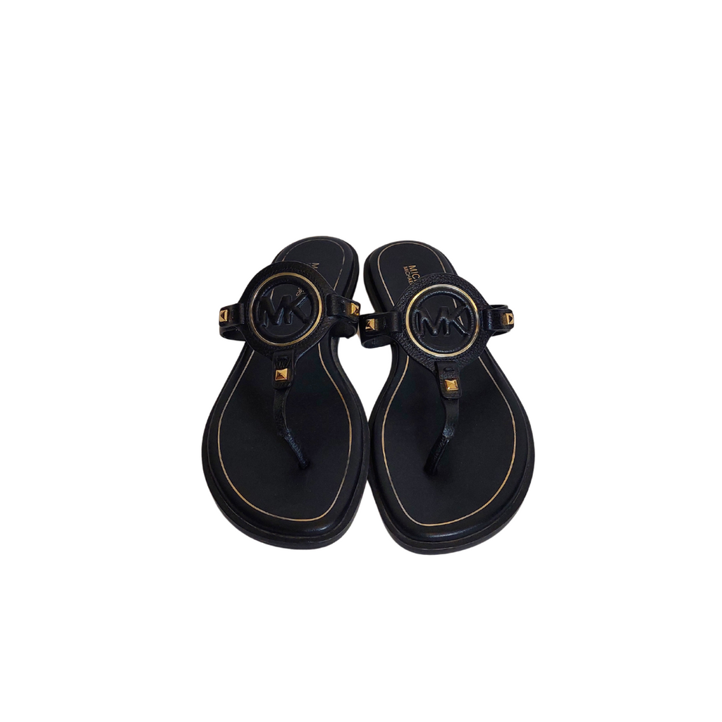 Michael Kors Black Aubrey Cutout Leather T-Strap Sandals | Gently Used |