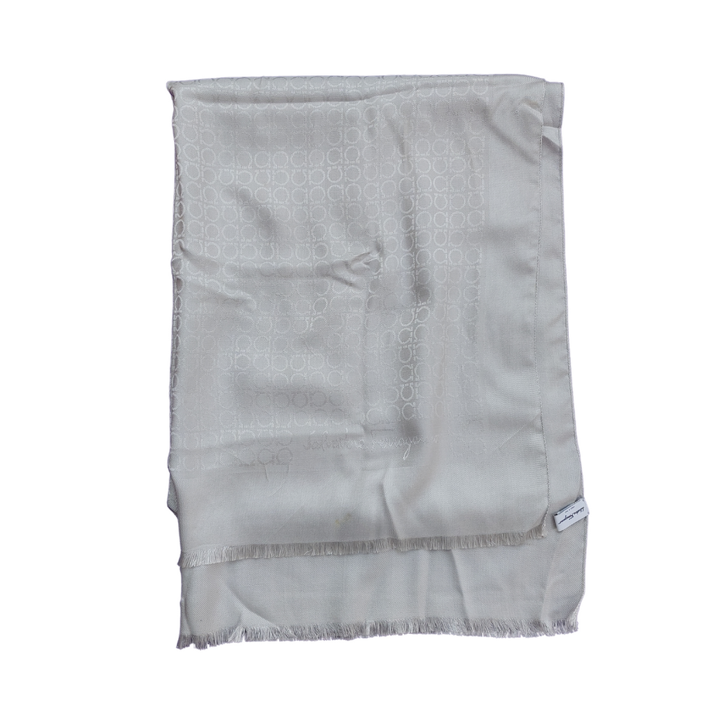 Salvatore Ferragamo Light Grey Monogram Silk Scarf | Pre Loved |