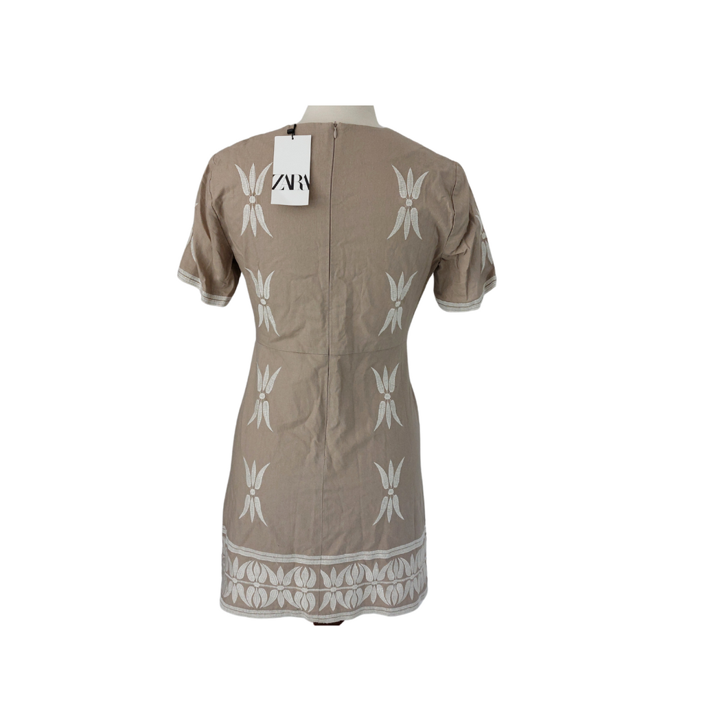 Zara Beige & White Embroidered Knee Length Dress | Brand New |