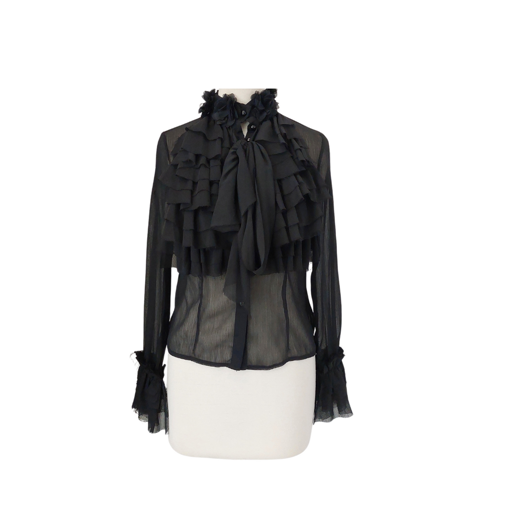 Quiz Black Sheer Floral Appliqué & Frill Top | Brand New |